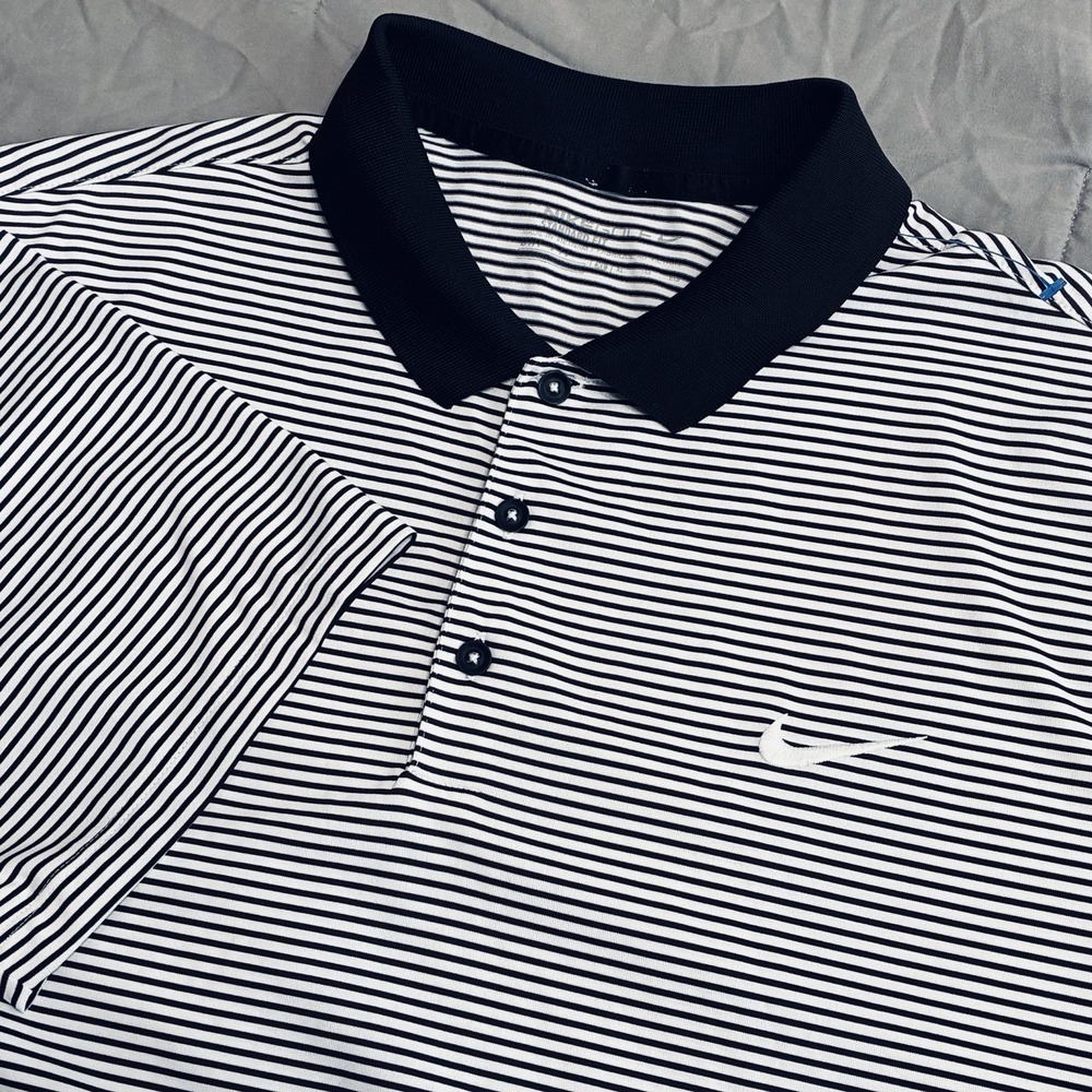 Nike Golf Sport Polo Shirt Mens XL White Black Striped Dri-Fit Standard Fit